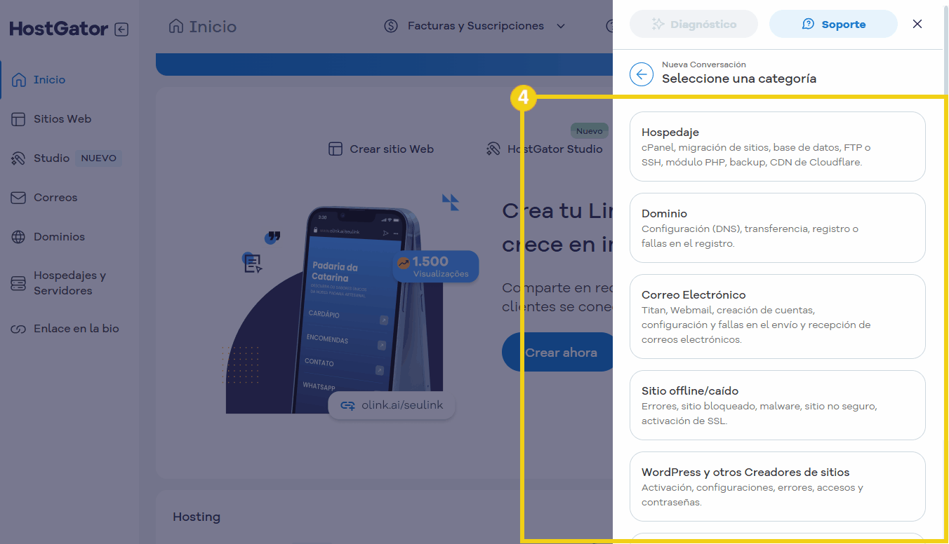 Pantalla del panel de servicio del portal HostGator con opciones de categorización para soporte de chat