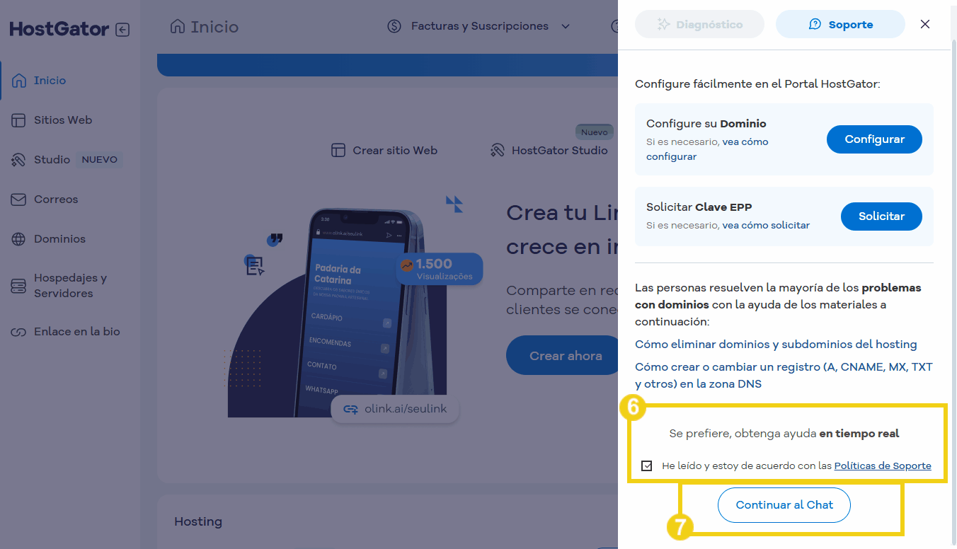 Pantalla del panel de control del portal HostGator que muestra la sección de servicio al cliente y la opción de iniciar una conversación