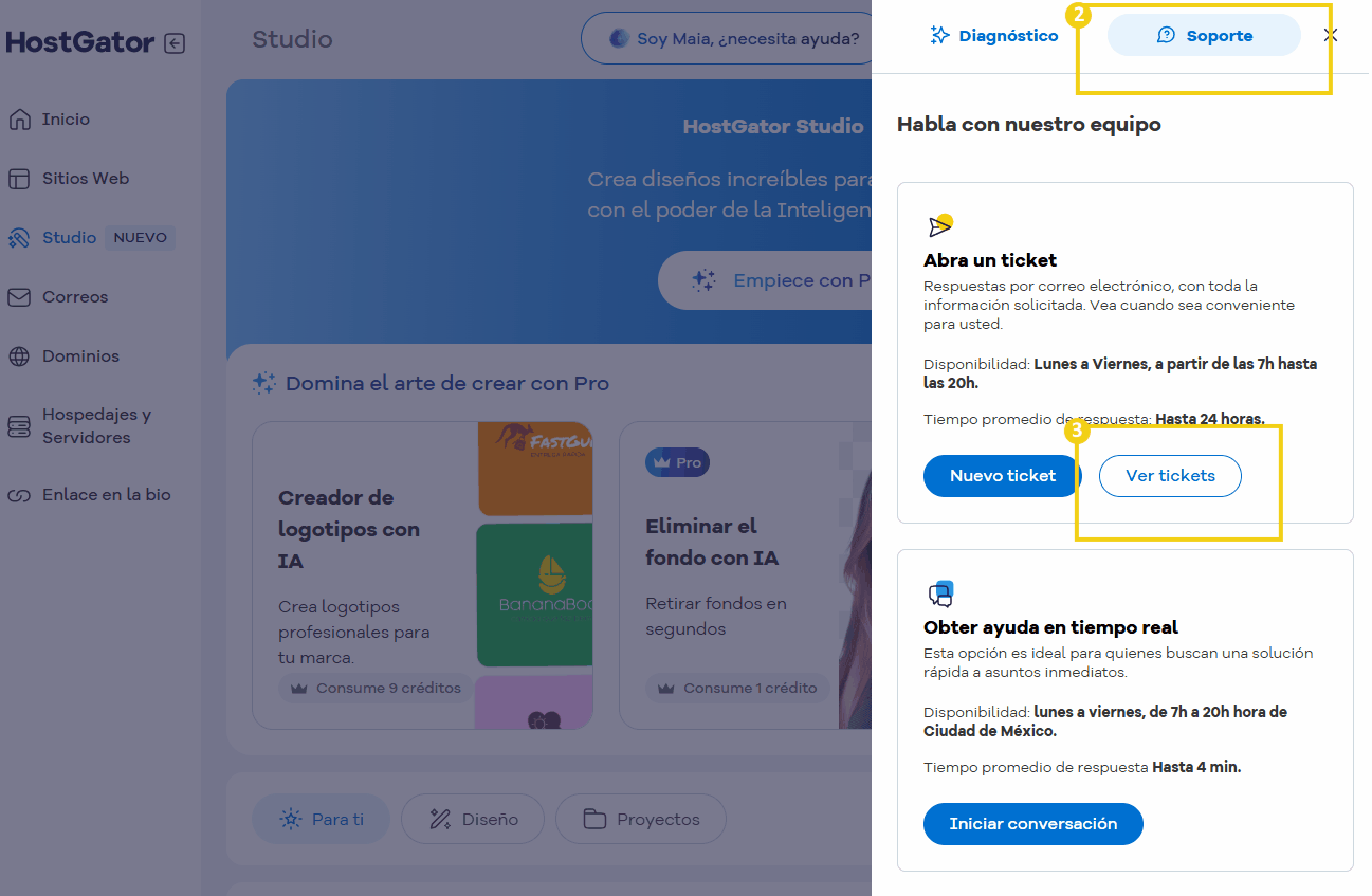 Imagen de la interfaz de servicio al cliente en el portal de HostGator, resaltando opciones como abrir un ticket