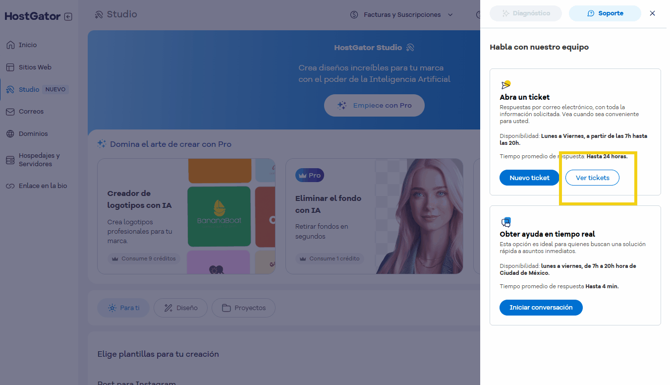 Imagen de una pantalla del Panel de Servicio de HostGator que muestra la opción de acceder al historial de tickets