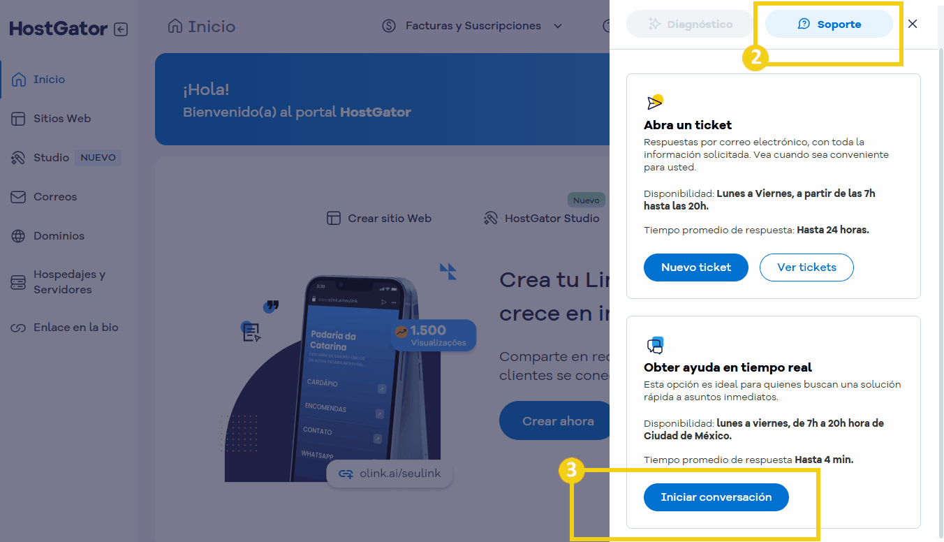 Imagen del panel de control de servicio en el portal de HostGator, que muestra las opciones de contacto, incluido el inicio de una conversación y hablar con el servicio de atención al cliente, destacando las diferentes formas de ponerse en contacto con el soporte
