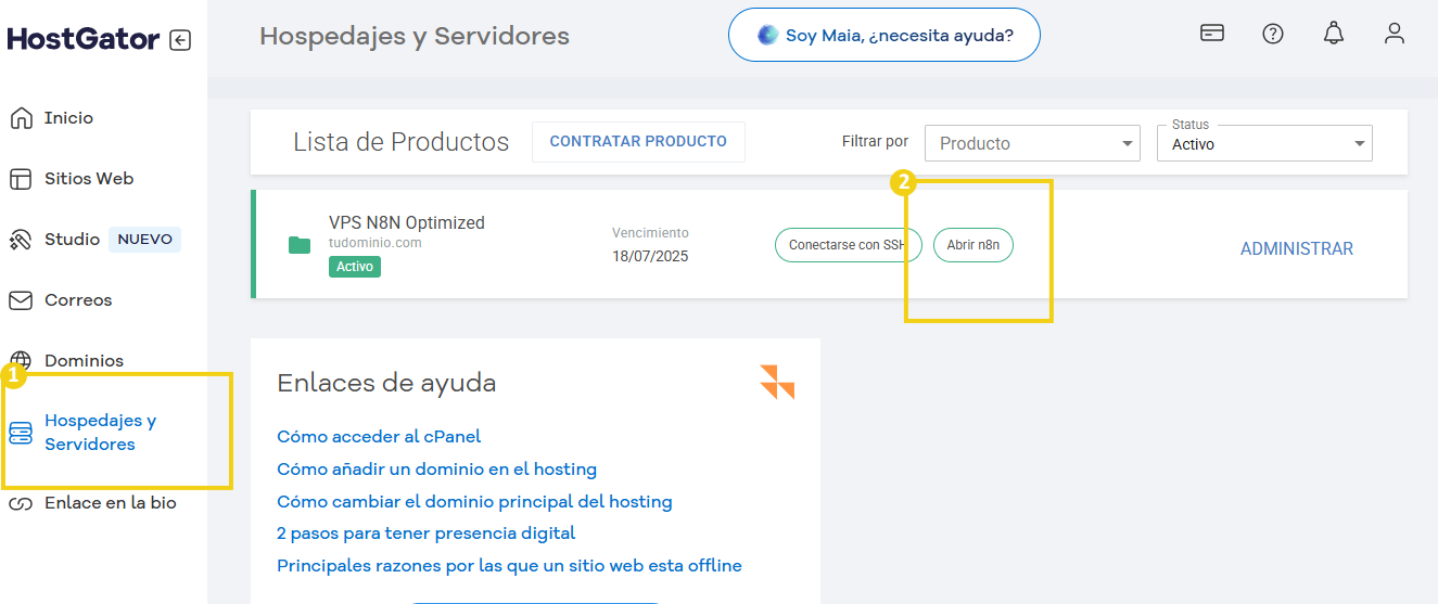 Pantalla del panel de control de HostGator que muestra la pestaña de alojamiento y servidores, con opciones para administrar el producto VPS 
