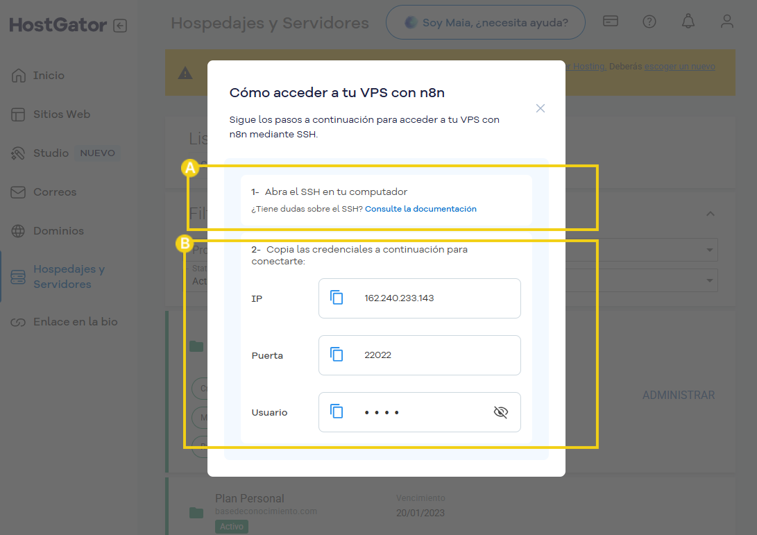 imagen mostrando el portal del cliente las credenciales de acesso root o ssh