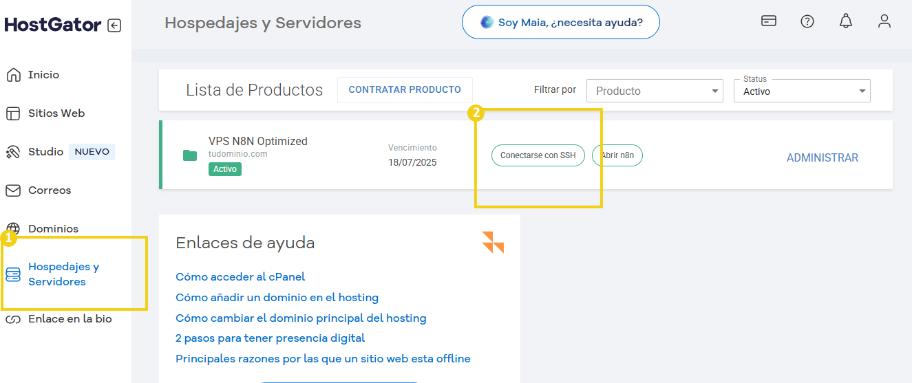 imagen mostrando la parte del portal del cliente hospedaje y servidores destacando conectarse con SSH