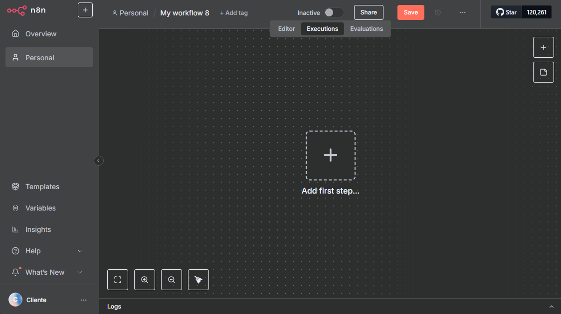 Imagen de una interfaz de gestión de flujo de trabajo con espacio para agregar pasos y configuraciones, indicando una herramienta de automatización digital.