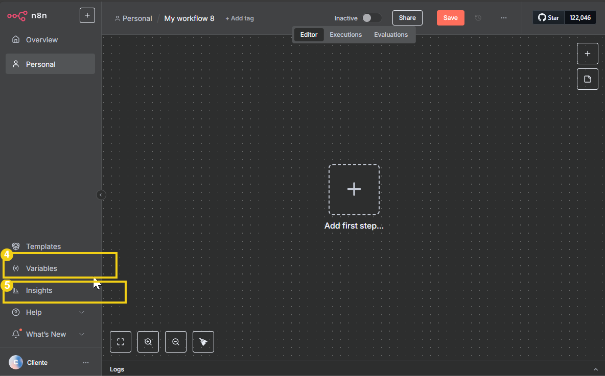 Imagen de un flujo de automatización de tareas usando la plataforma n8n, mostrando opciones de variables y insights en la interfaz de edición.