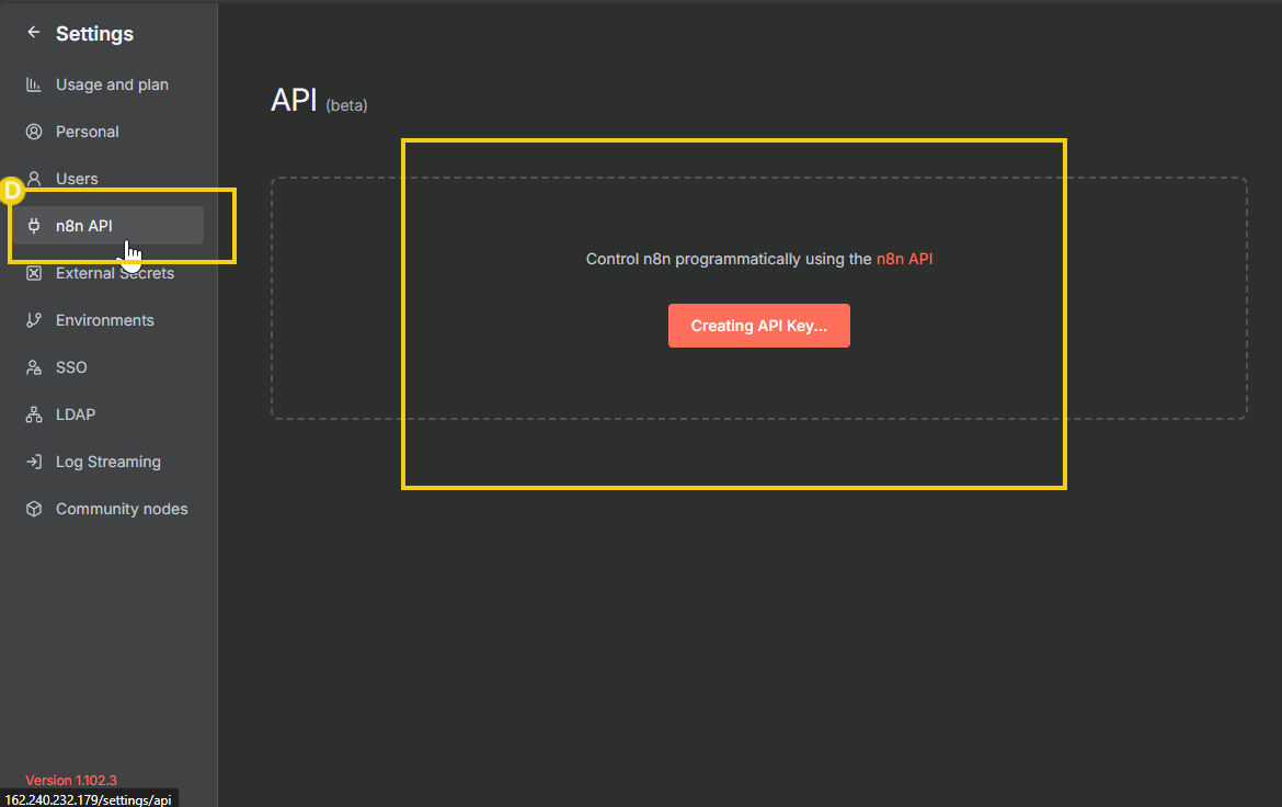 Captura de pantalla del panel de configuraciones del n8n, mostrando la opción para crear una clave API, esencial para integrar y automatizar tareas usando la API n8n.