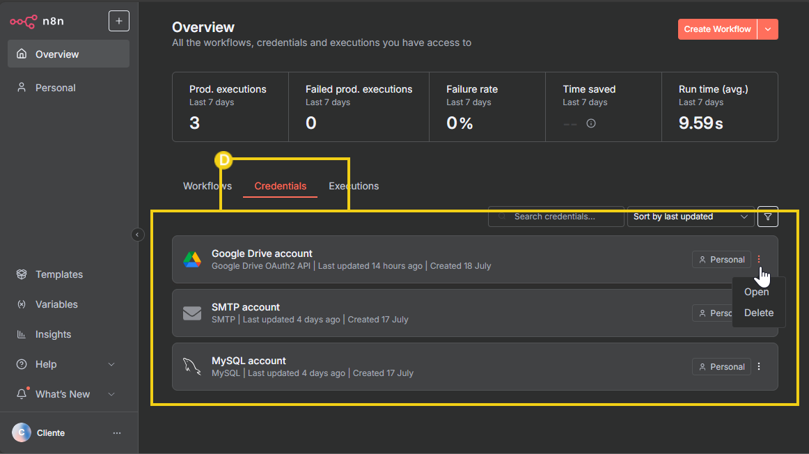 imagen del panel n8n en la parte de overview destacando la sección de credenciales (credentials) y sus detalles