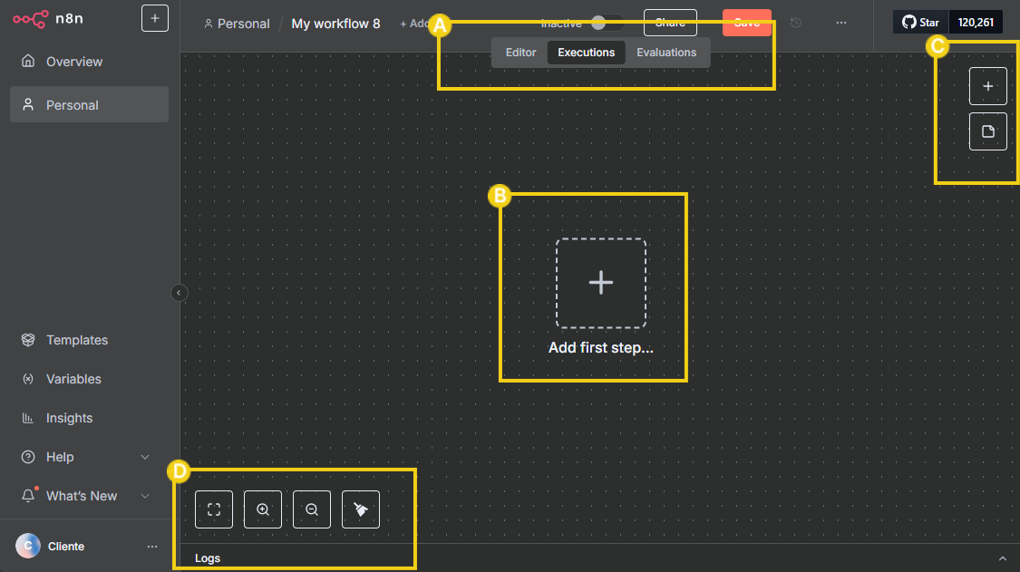 Imagen del panel n8n de automatización de workflow, destacando áreas de edición, ejecución, evaluación y logs, usado para automatizar tareas y procesos.