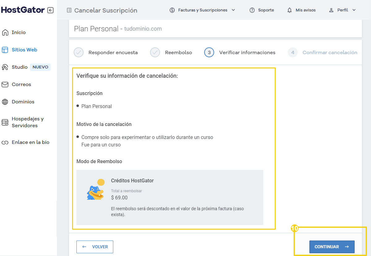 Pantalla de cancelación de suscripción en HostGator, que muestra los detalles del plan P y la información de reembolso con créditos de HostGator.
