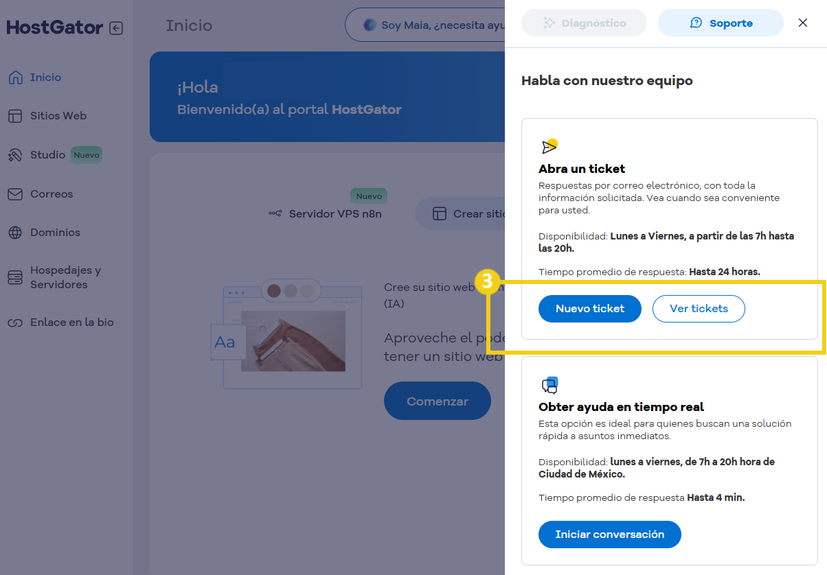 La imagen muestra las opciones del ticket, con los botones 'Nuevo ticket' y 'Ver ticket'