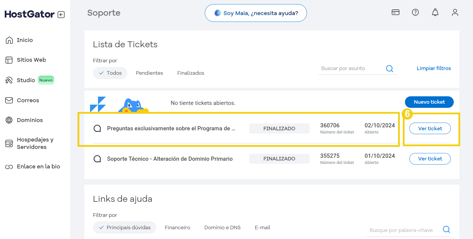 La imagen resalta la información que se puede ver del ticket y el botón 'Ver ticket' para acceder al mensaje.