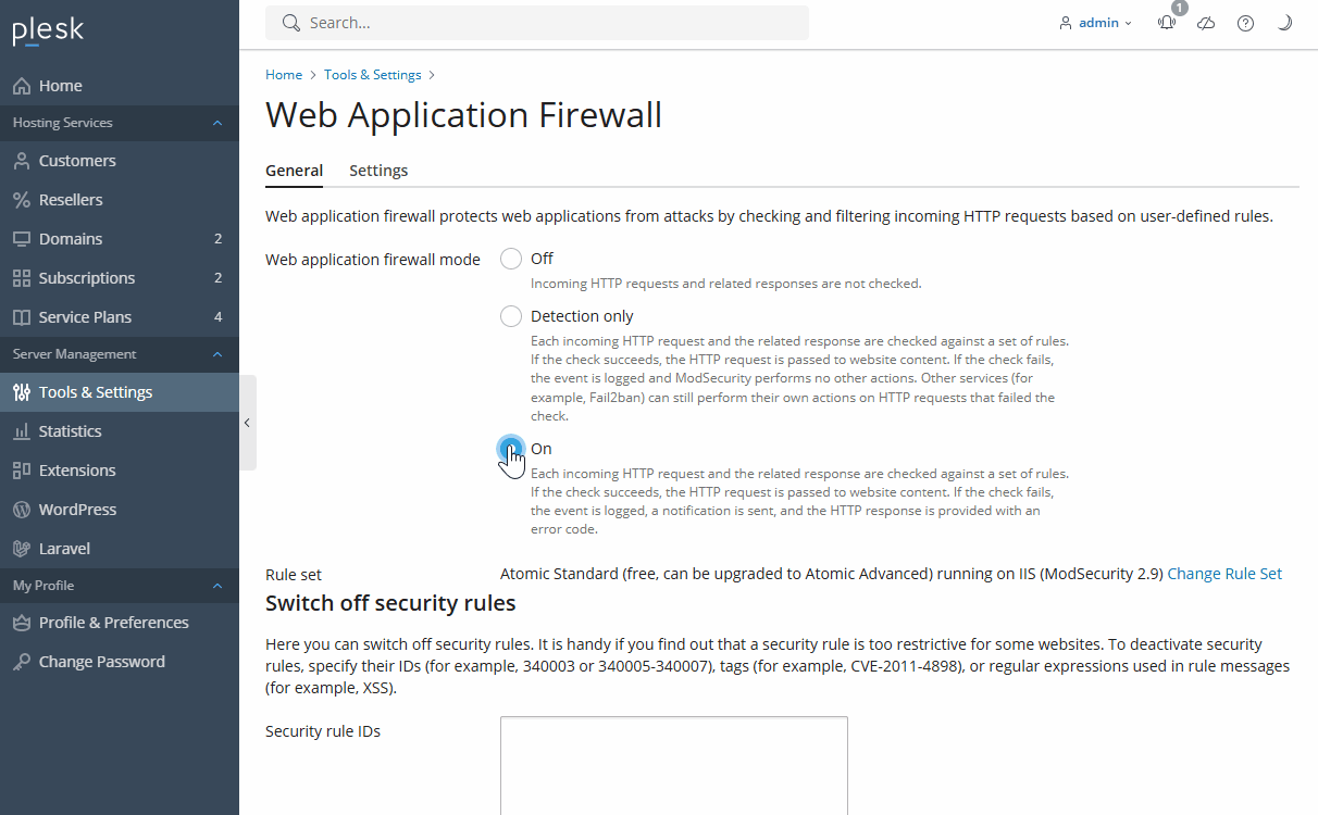 pantalla mostrando cómo desactivar una regla de modsecurity
