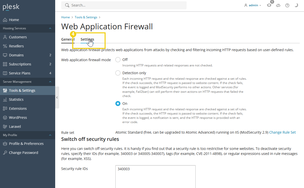 imagen ilustrativa del plesk, mostrando en la aplicación firewall web el destaque de la configuración (settings)