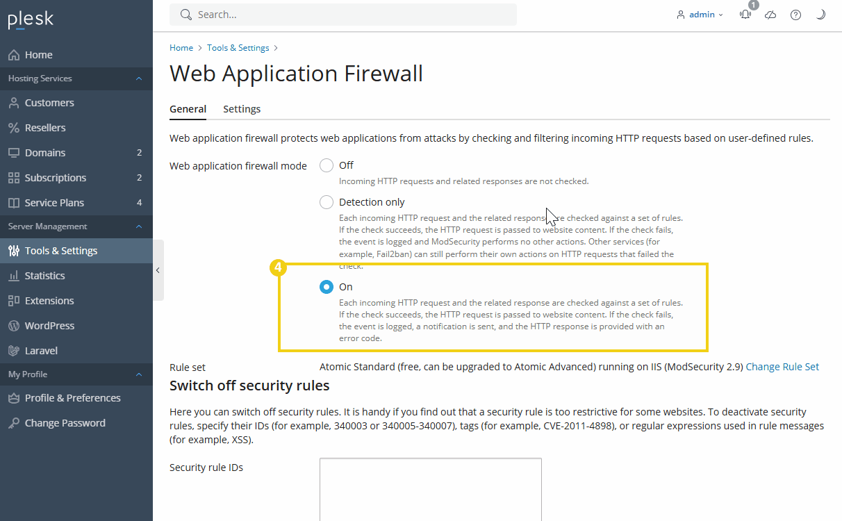 pantalla mostrando una cuenta de plesk, mostrando cómo activar el modsecurity