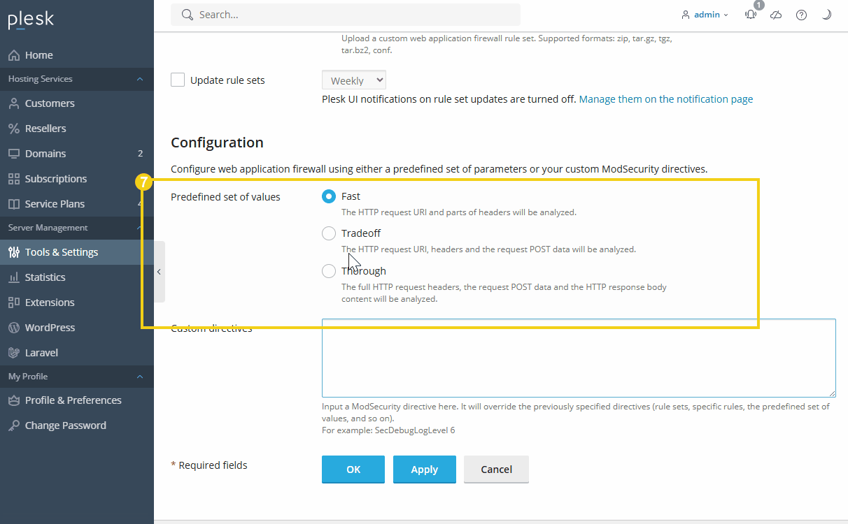 pantalla del plesk mostrando la sección de configuración, mostrando las configuraciones que se pueden realizar y luego hacer clic en aplicar