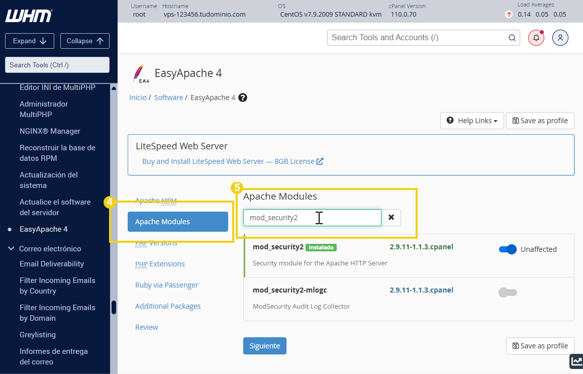  Pantalla que muestra easyapache4 resaltando el botón de módulos de apache y en la barra de búsqueda agrega mod_security2
