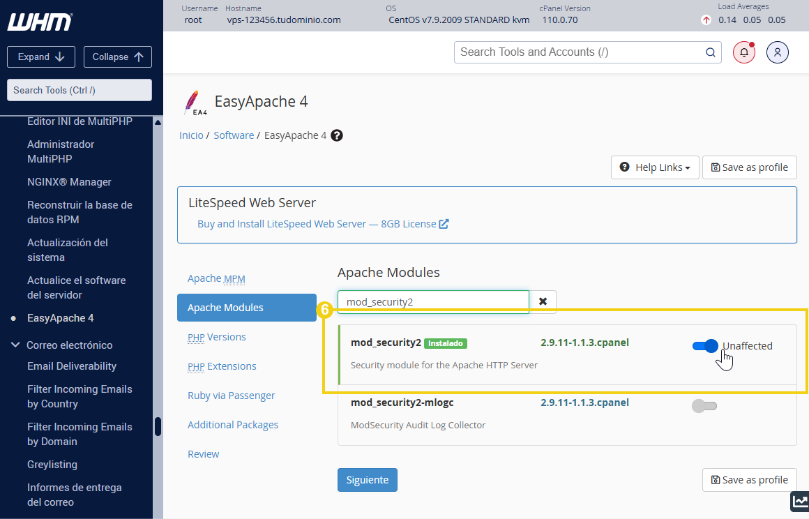 Pantalla que muestra easyapache4 resaltando el botón personalizar y luego en el lado derecho los módulos de apache para activar mod_security2