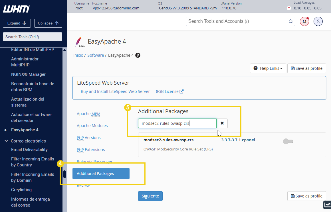 Pantalla whm en la parte easyapache4 resaltada después de hacer clic en personalizar paquetes adicionales y agregar modsec2-rules-owasp-crs