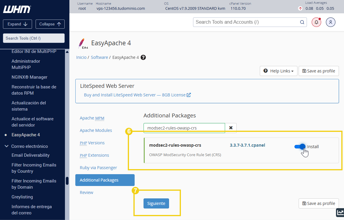  Pantalla whm en la parte easyapache4 resaltando el modsec2-rules-owasp-crs de easyapache4 y el botón siguiente