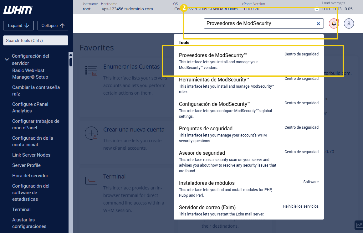  Imagen que muestra una interfaz del panel de control WHM con la búsqueda de 'Proveedores de ModSecurity' y la configuración de ModSecurity habilitada