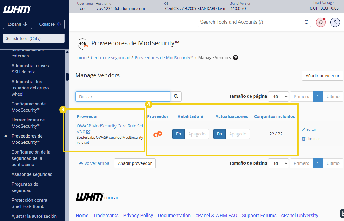  Captura de pantalla del panel de administración de proveedores de ModSecurity en WHM, con un proveedor de firewall de seguridad habilitado.