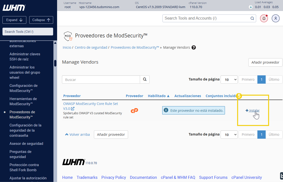  Pantalla del panel de administración de proveedores de ModSecurity en WHM, resaltando el botón Instalar