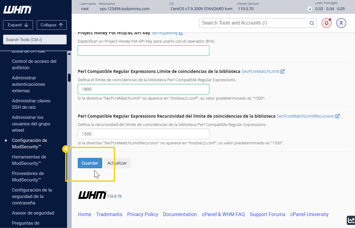  Pantalla del panel de administración de WHM que resalta el botón Guardar