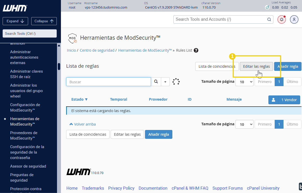 Pantalla del panel de administración de WHM que resalta el botón Editar reglas