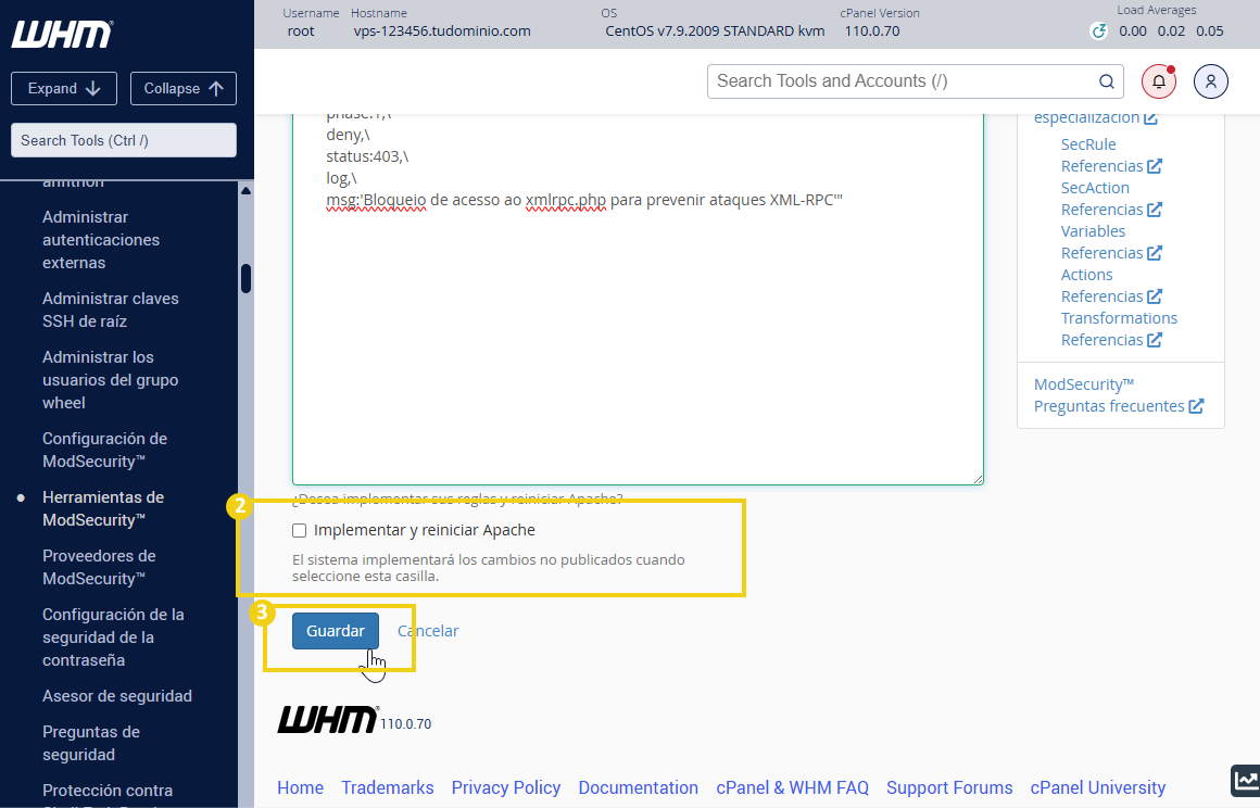 Pantalla del panel de administración de WHM que resalta el botón de edición de reglas guardadas