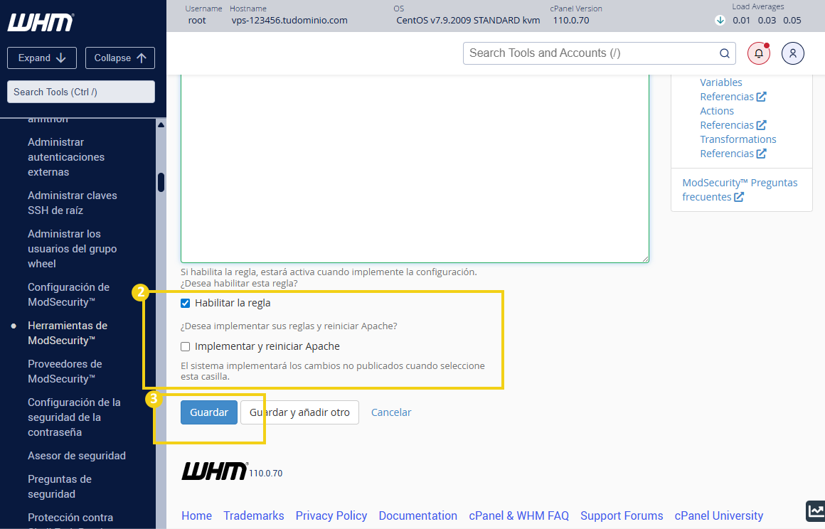 Pantalla del panel de administración de WHM que resalta el botón Guardar