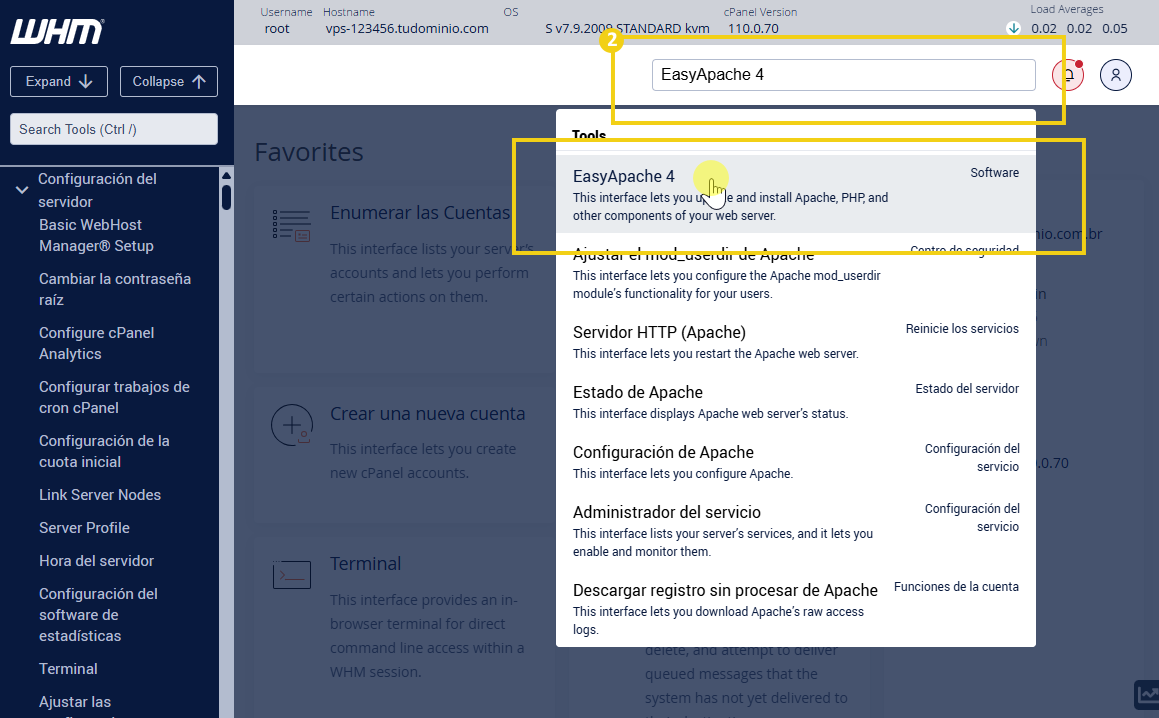 Captura de pantalla del panel WHM con énfasis en la búsqueda de herramientas colocando easyapache4