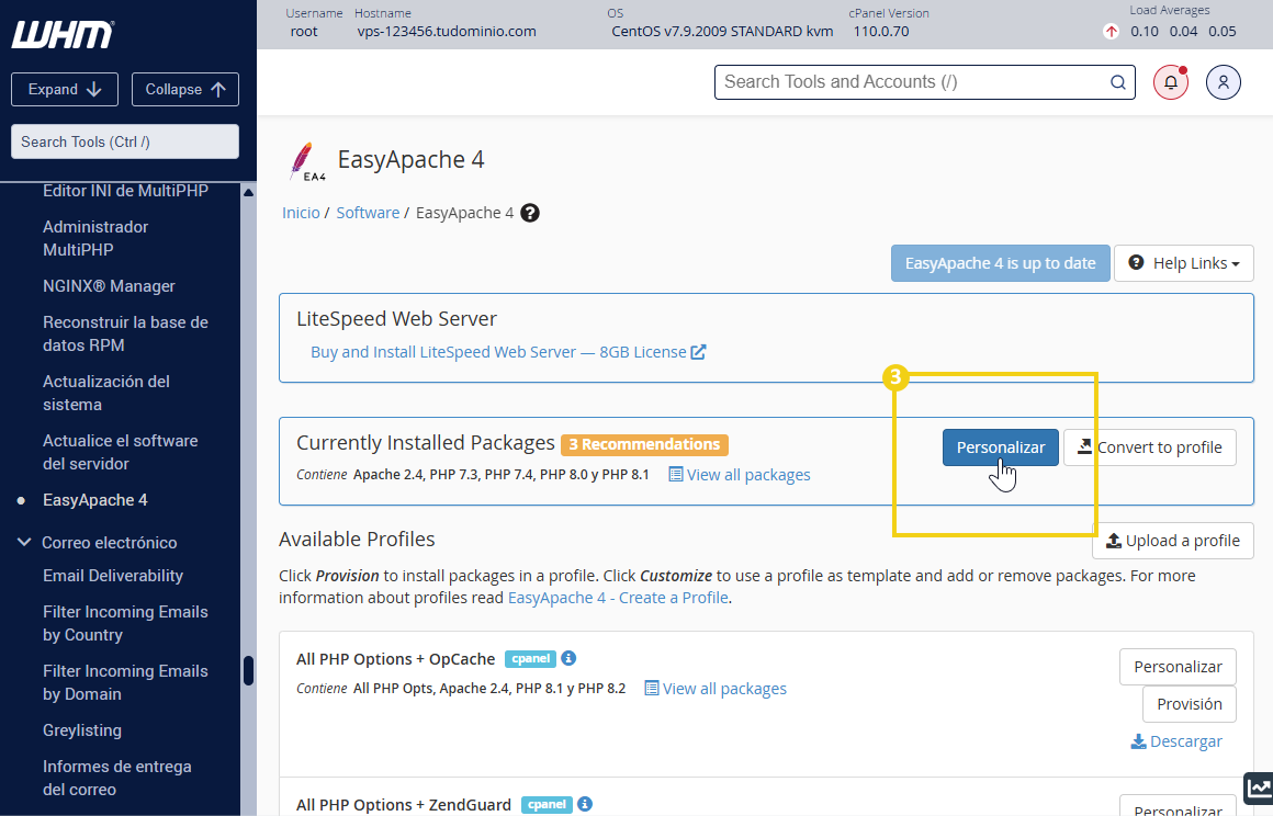 Pantalla que muestra easyapache4 resaltando el botón de personalización