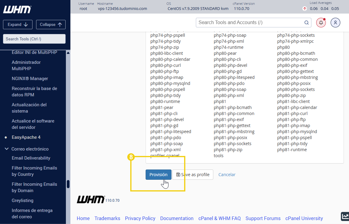 Pantalla whm en la parte easyapache4 resaltando el boton provision