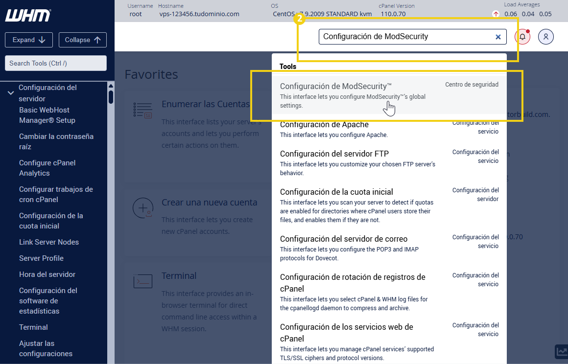  Pantalla del panel de administración de WHM que resalta la configuración de ModSecurity en la barra de búsqueda