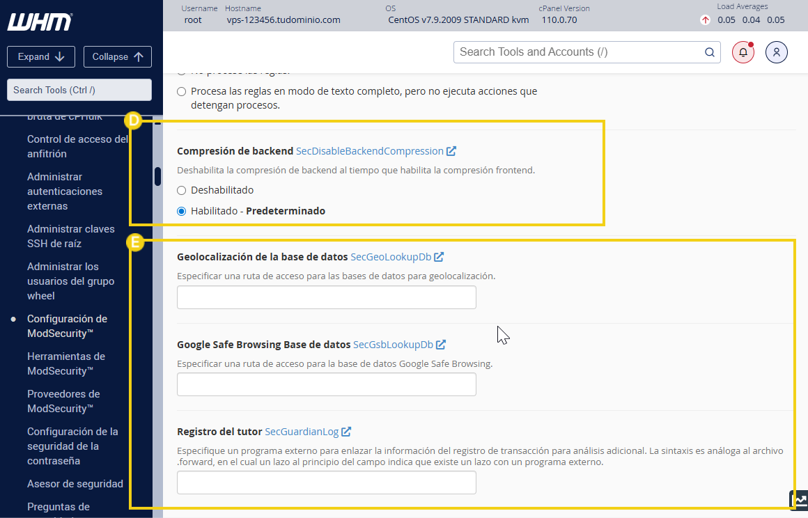  Pantalla del panel de administración de WHM que resalta la compresión del backend y la geolocalización de la base de datos