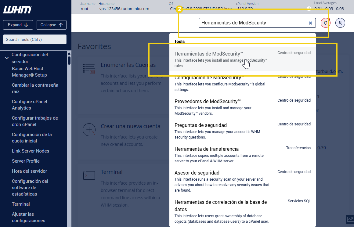  Resaltado de pantalla del panel de administración de WHM en la barra de búsqueda Herrmientas de ModSecurity