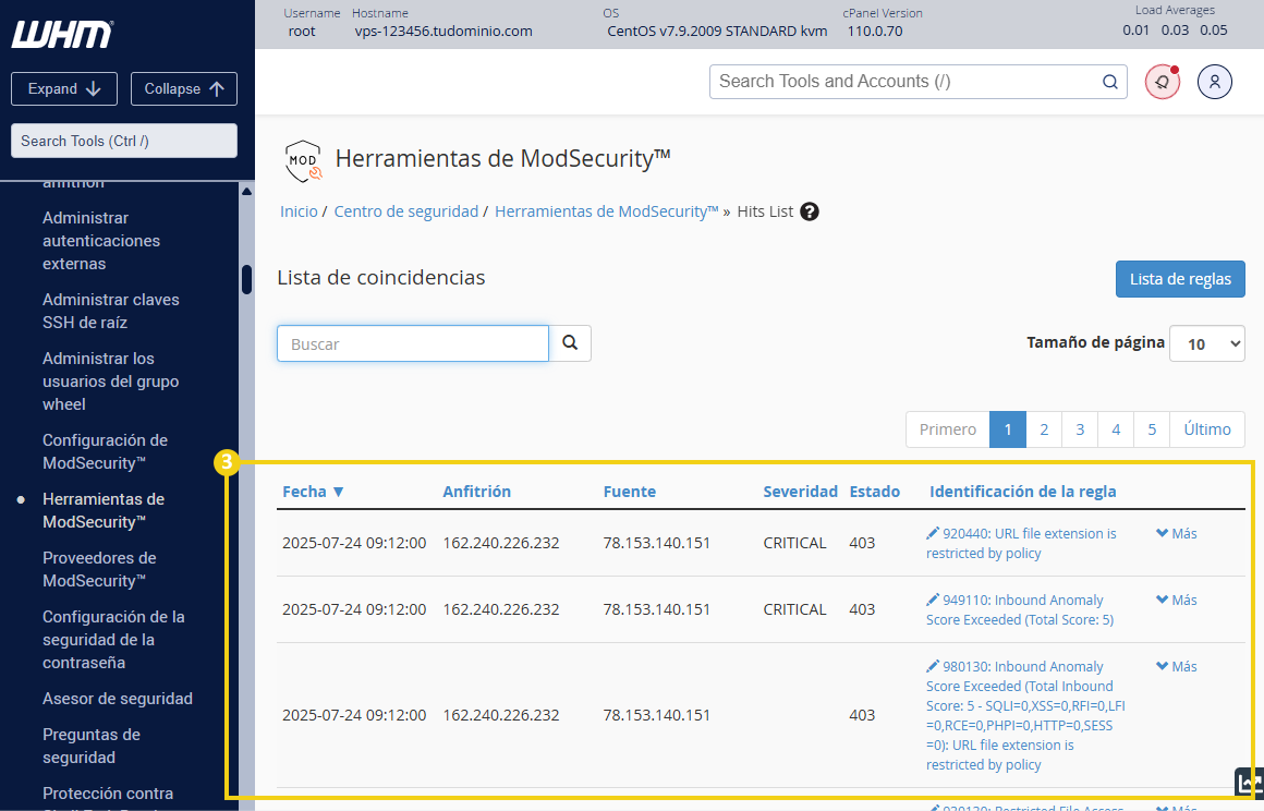 imagem del panel de whm mostrando la lista de ocurrencias de reglas
