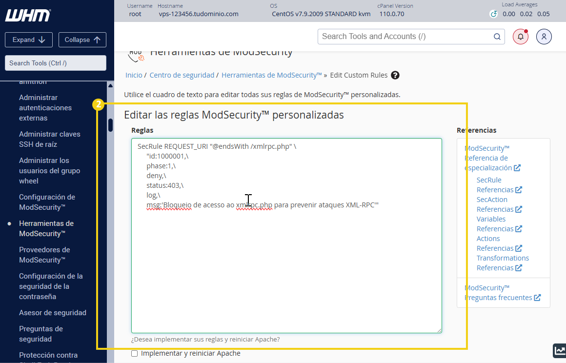  Pantalla del panel de administración de WHM que resalta la parte que escribe las reglas