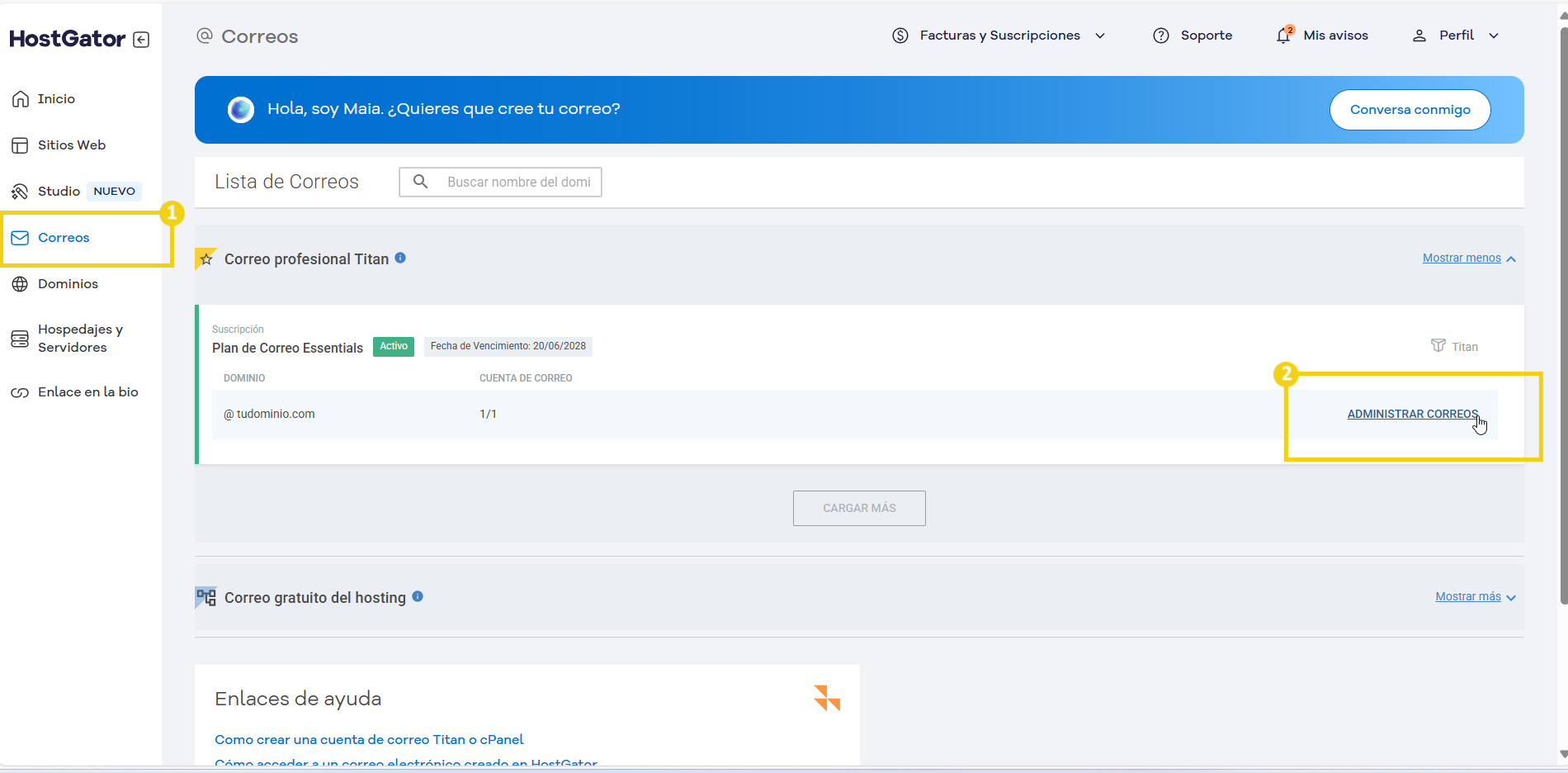 Imagen de la plataforma HostGator que muestra las opciones para crear y administrar cuentas de correo electrónico, incluyendo la configuración profesional y gratuita. Interfaz intuitiva con navegación clara para administrar cuentas de correo electrónico.