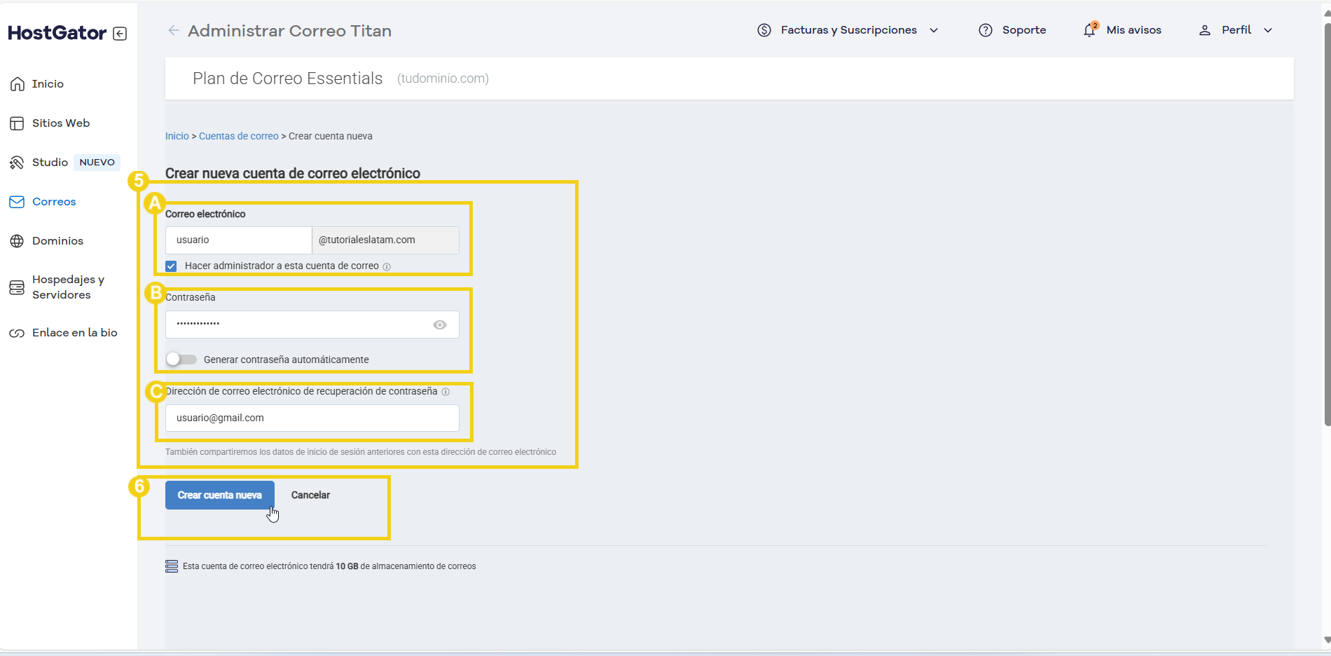 Pantalla de creación de cuenta de correo electrónico en el panel de HostGator, que muestra campos para la configuración de dirección, contraseña y recuperación de cuenta