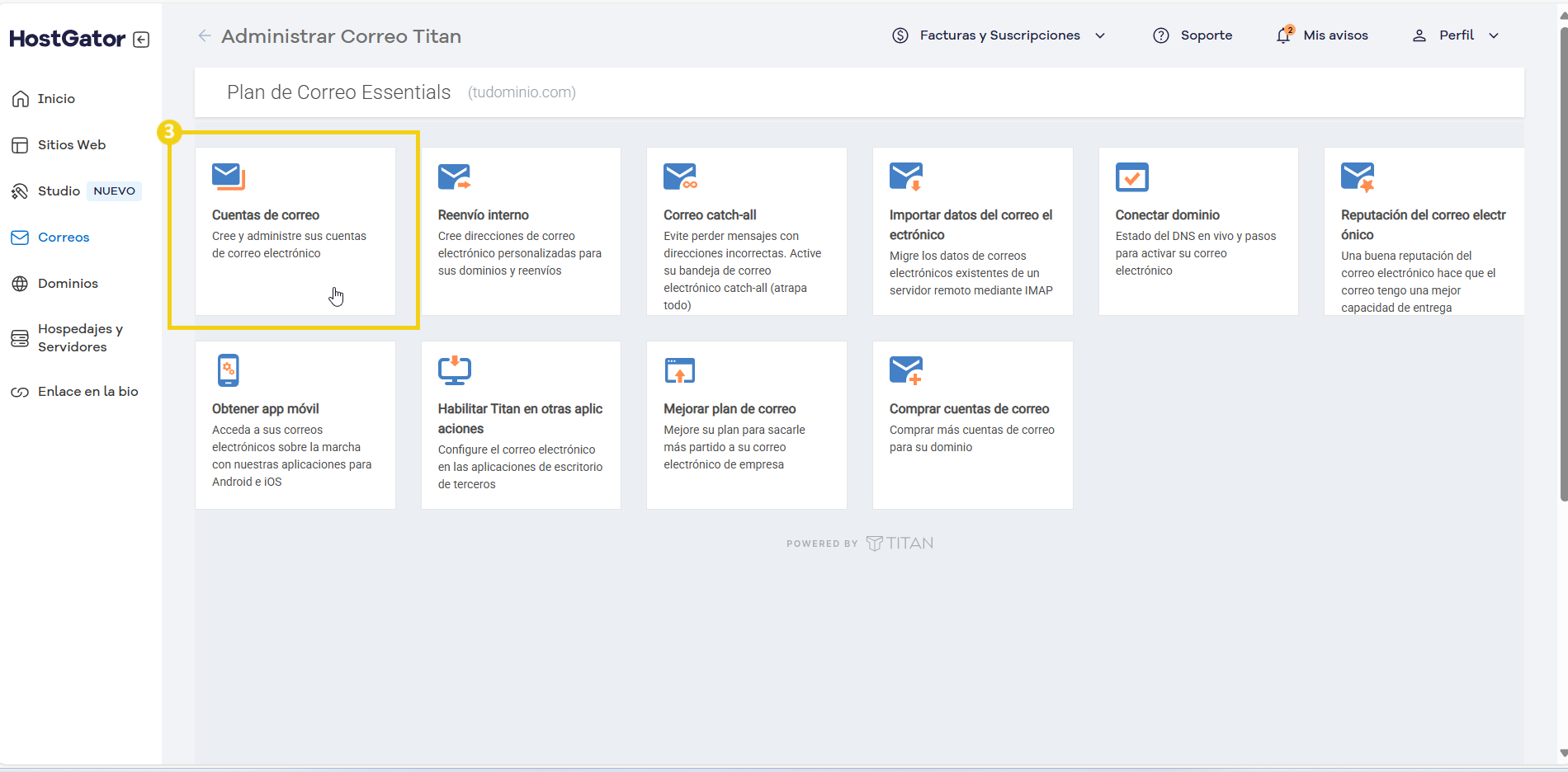  Interfaz de gestión de correo electrónico de Titan que muestra opciones para crear, fortalecer, importar, conectar y realizar copias de seguridad de cuentas de correo electrónico