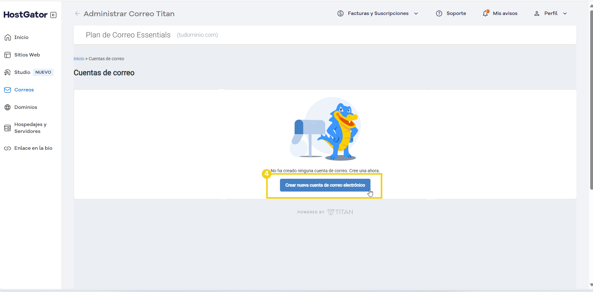  Pantalla de gestión de correo electrónico resaltada por la opción 'Crear correo' en la plataforma Titan, facilitando la creación y gestión de cuentas de correo electrónico.