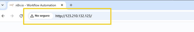imagem mostrando la barra del navegador como adicionar o ip para acessar al n8n