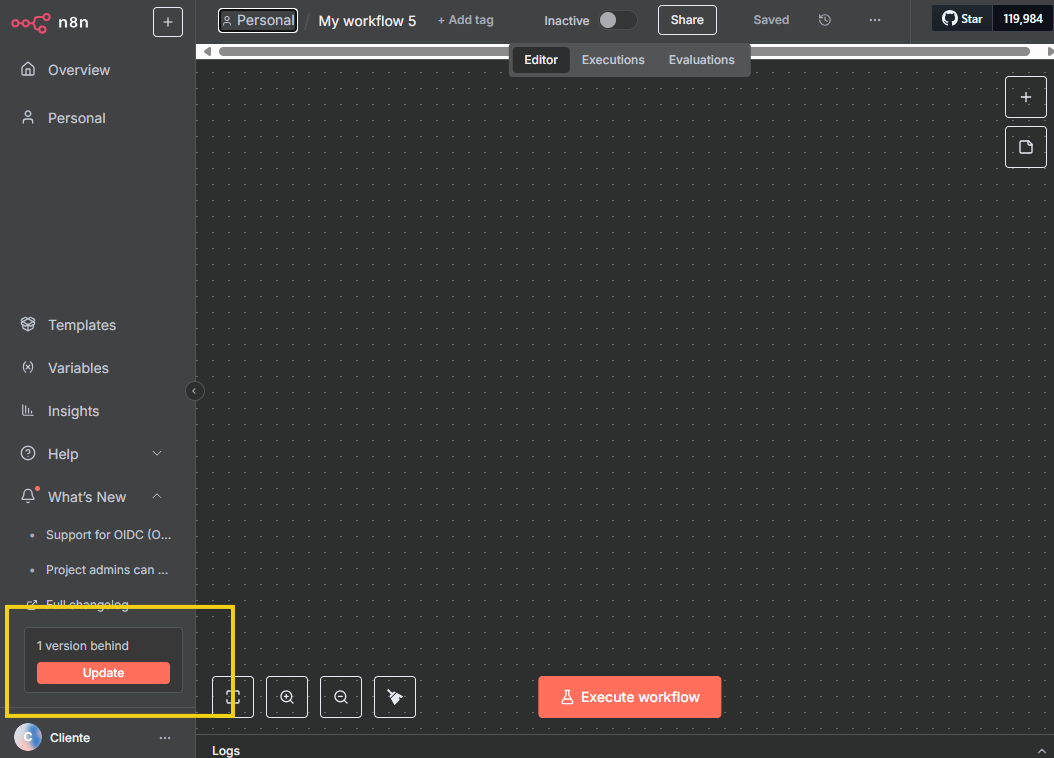 imagen ilustrativa del panel del n8n, destacando en la parte de "whats new" las actualizaciones que necesitan ser hechas vía ssh