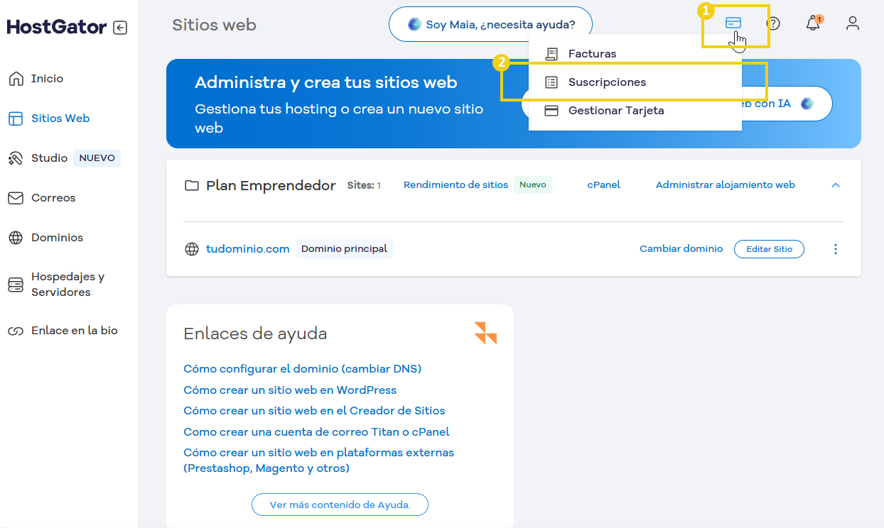 Captura de pantalla del panel de control de HostGator que muestra la opción de facturación y suscripción, destacando la opción de icono de tarjeta y la opción suscripciones