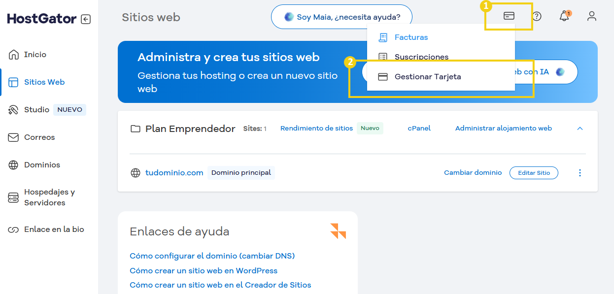 imagen mostrando del portal del cliente, mostrando el menu superior el icono de tarjeta y destacando el boton gestionar tarjeta