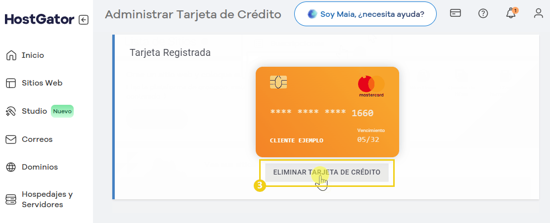 imagen ilustrativa portal del cliente mostrando en la parte de administrar tarjeta de crédito la tarjeta registrada