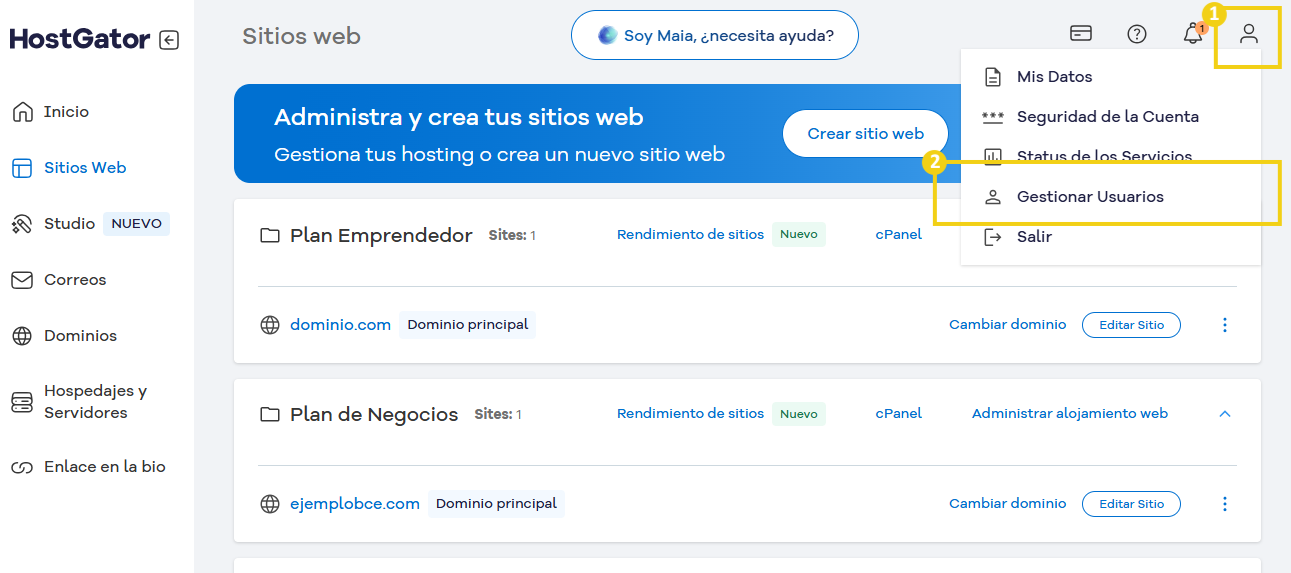 pantalla del portal del cliente mostrando en el icono de perfil destacando gestionar usuarios