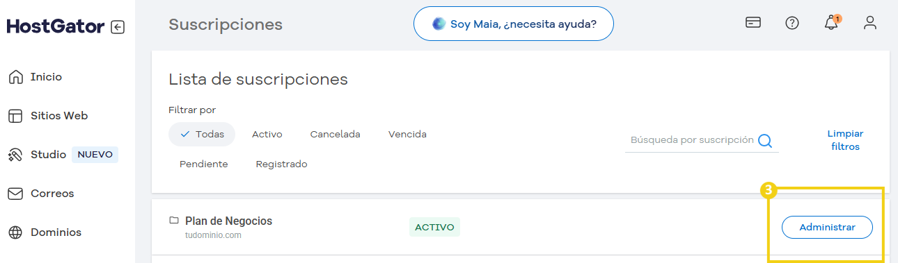 pantalla de portal del cliente mostrando el panel de lista de suscripciones